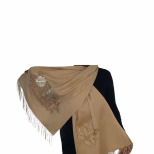 K's Esscentials 100% Pure Cashmere Wool Floral Embroidered Shawl Wrap for Autumn Winter Women 81" x 24" Beige/Tan