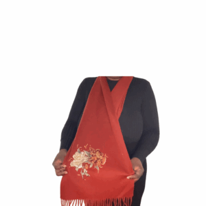 K's Esscentials 100% Pure Cashmere Wool Floral Embroidered Scarf Wrap for Autumn Winter Women 81" x 13 1/2" Autumn Red